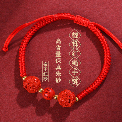 Natural High Content Cinnabar Pixiu Wealth Bracelet with Braided Red String - Zodiac Year Talisman