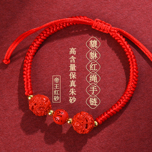 Natural High Content Cinnabar Pixiu Wealth Bracelet with Braided Red String - Zodiac Year Talisman