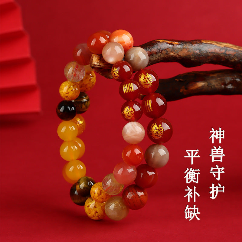 Five Elements Divine Beasts Guardian Natural Crystal Bracelet with Wind-Thunder Yi Hexagram