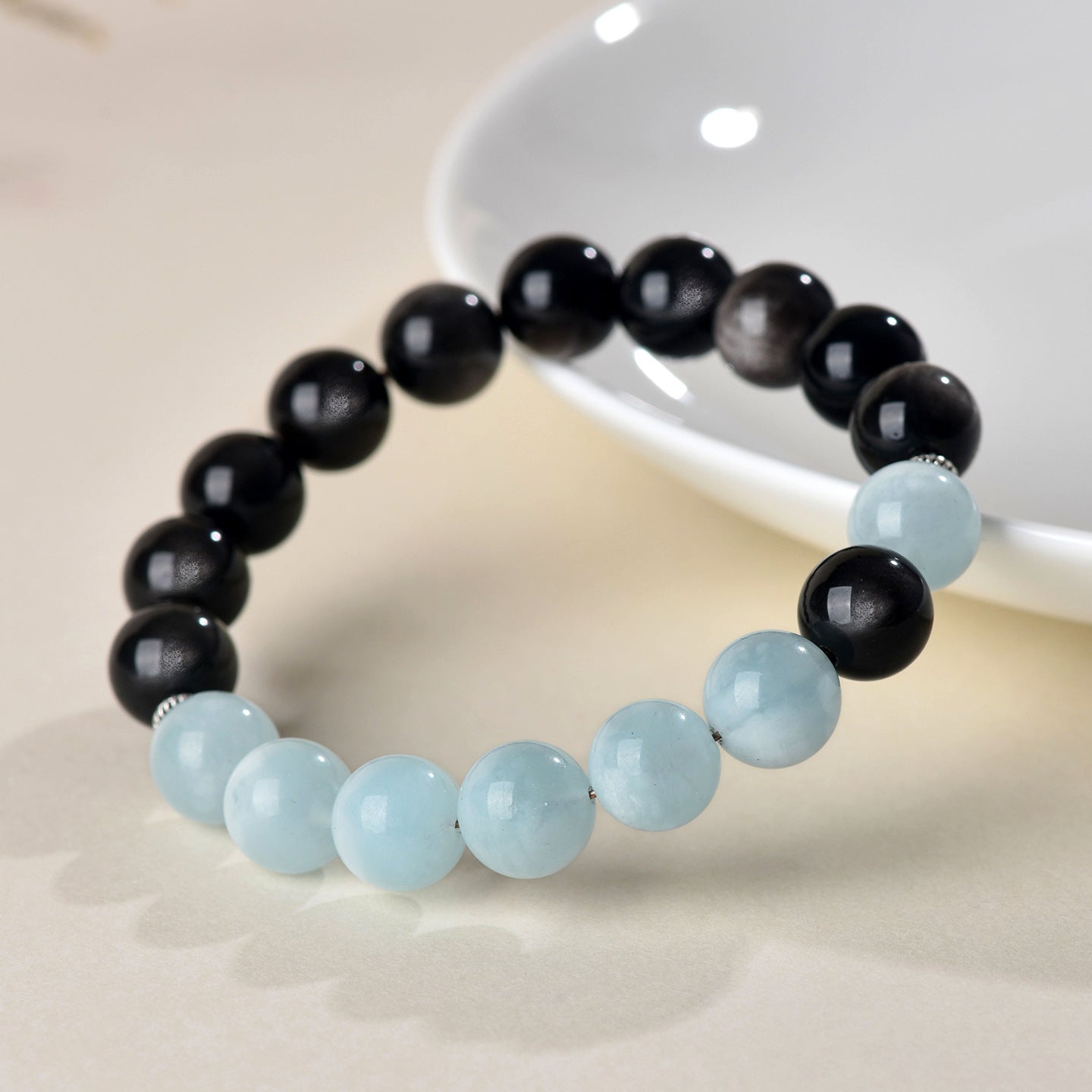 Elegant Silver Obsidian and Aquamarine Bracelet | Protection and Serenity for Women