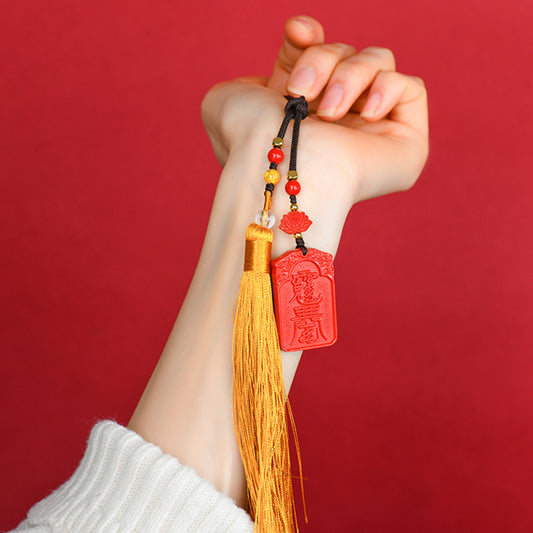 Natural Cinnabar Wu Sui General Car Hanging Ornament – Protection and Fortune Charm