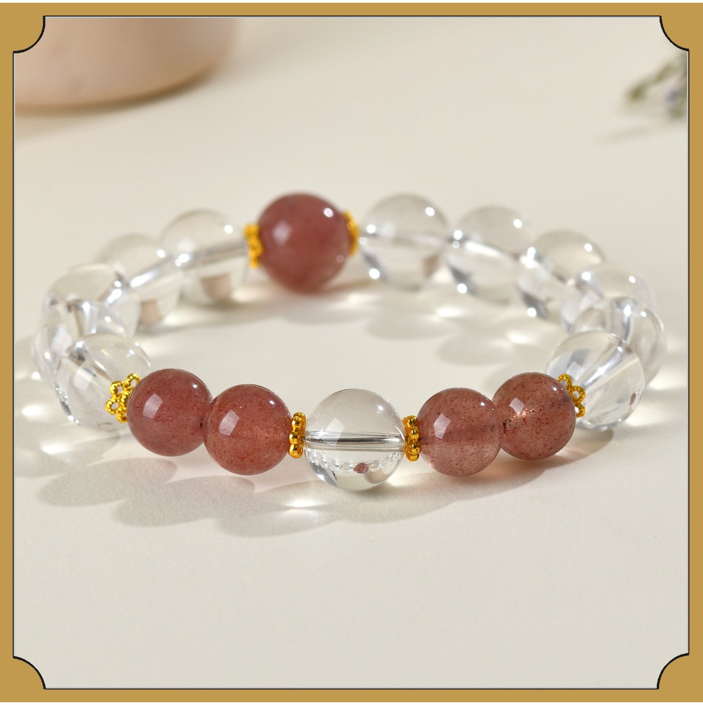 Natural Crystal Energy Bracelet with White Crystal, Obsidian, Strawberry Quartz, and Aquamarine | Spiritual Harmony & Protection