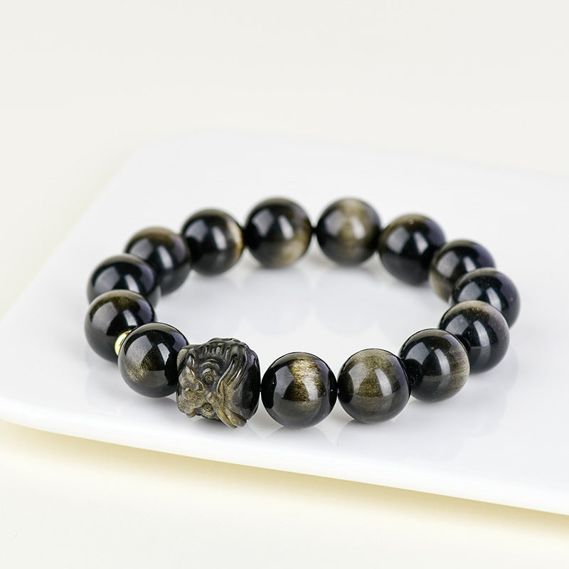 Golden Obsidian Double Color Eye Bracelet with Awakening Lion - Chinese Style Spiritual Protection Jewelry
