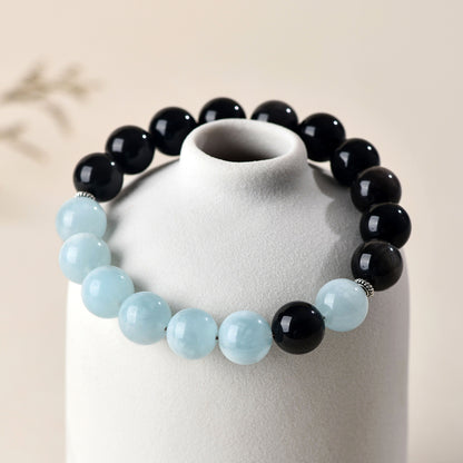Elegant Silver Obsidian and Aquamarine Bracelet | Protection and Serenity for Women