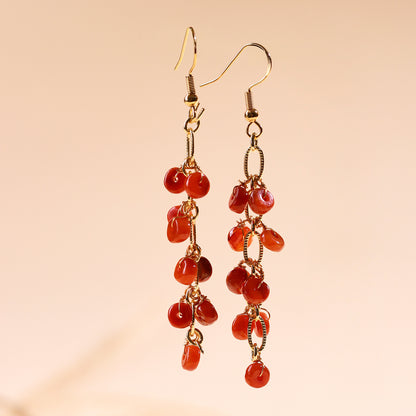 Natural Emerald Red Jade Tassel Earrings | Chinese Retro Style Luxury Women's Jewelry