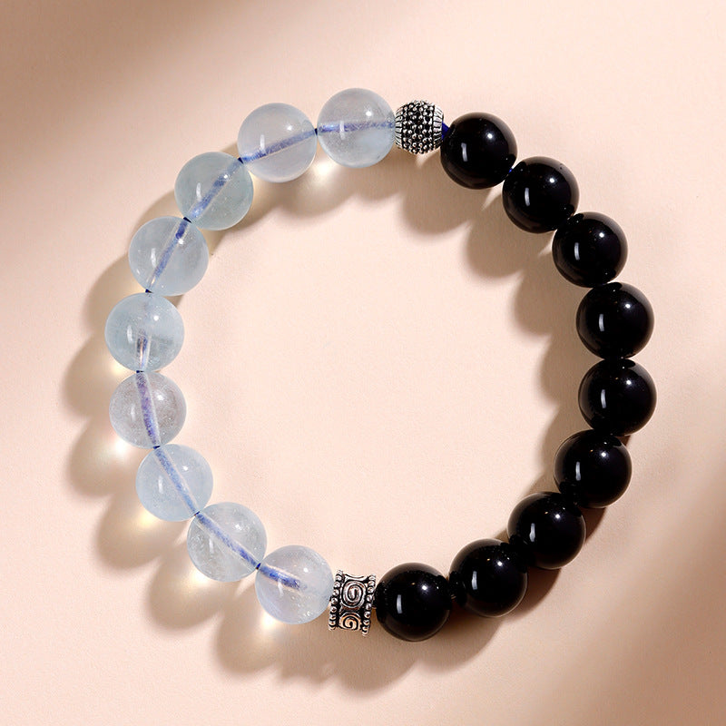 Natural Obsidian Aquamarine Crystal Bracelet - Couple Spiritual Harmony & Protection