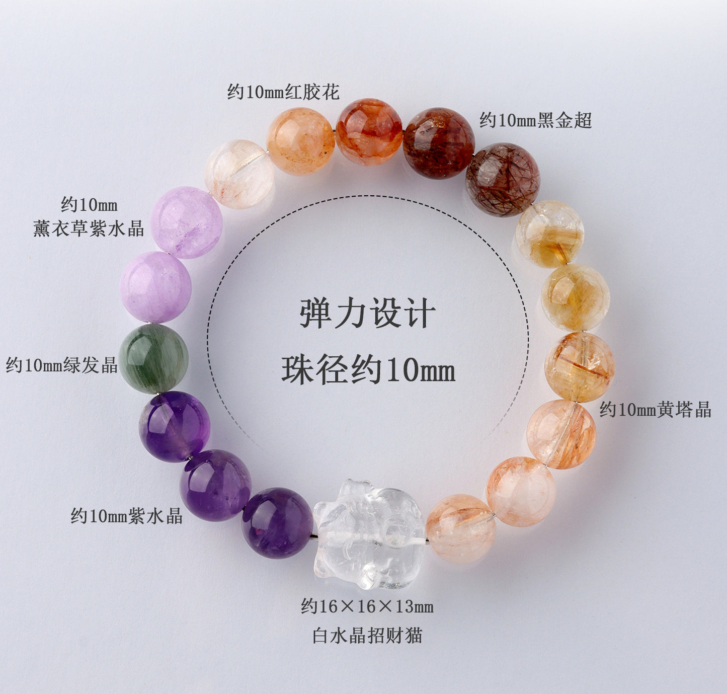 Natural White Crystal Lucky Cat Multi-Gem Bracelet | Wealth & Luck Charm for Women