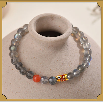 Gray Moonstone Koi Fish Bracelet | Wisdom & Luck Talisman for Female Students