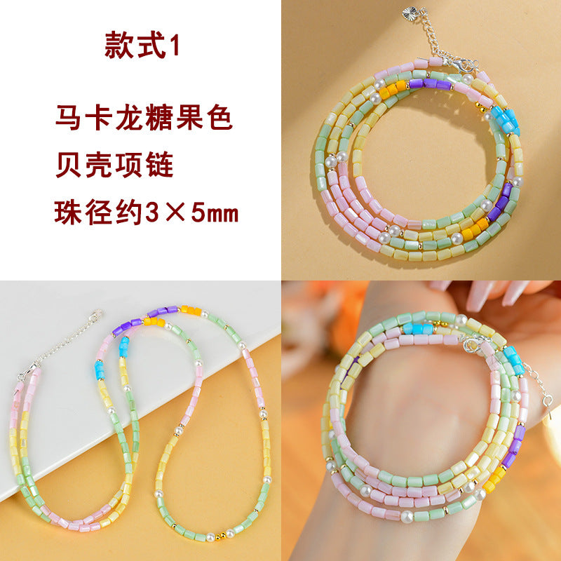 Macaron Candy Color Shell Bead Necklace | Sweet Round and Rice Beads Collarbone Chain
