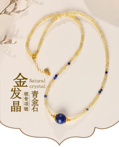 Natural Golden Rutilated Quartz Lapis Lazuli Collarbone Necklace | Wealth & Wisdom Talisman for Women