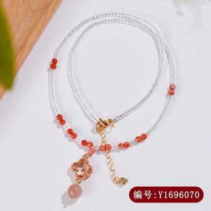 Natural White Crystal Agate Orange Moonstone Four-Leaf Clover Collarbone Necklace - Lucky Charm for Women