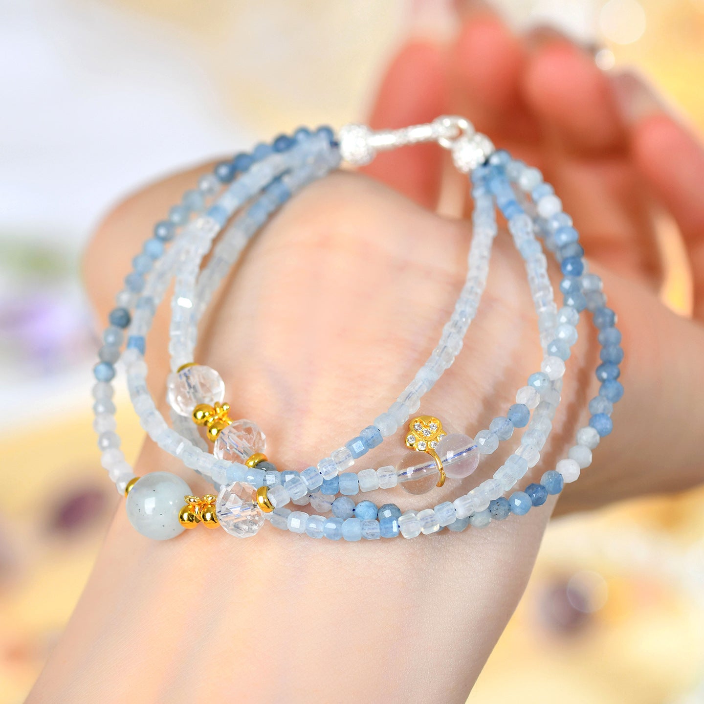 Natural Aquamarine Multi-Layer Adjustable Bracelet | Serene Energy & Elegant Protection