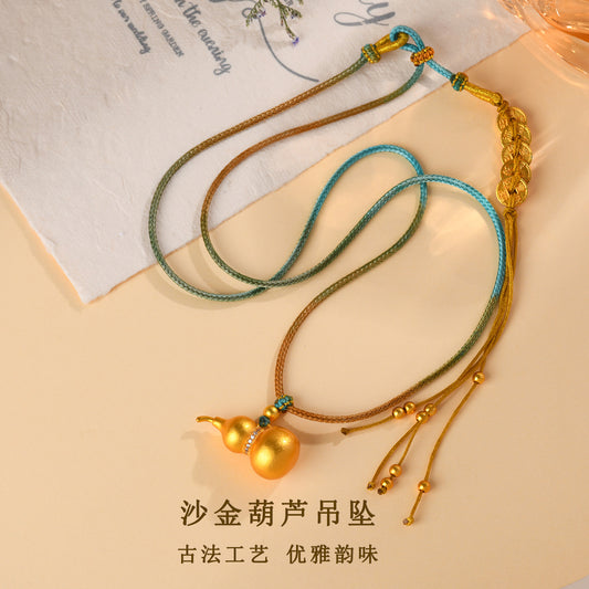Golden Gourd Pendant Necklace | Chinese Fortune Amulet for Wealth and Protection