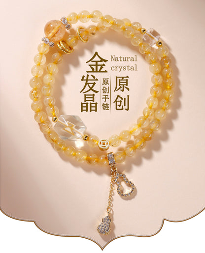 Golden Rutilated Quartz Double Circle Bracelet | Spiritual Women's Buddhist Bead for Wealth and Harmony