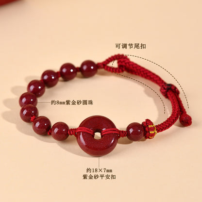Natural Purple Gold Cinnabar Peace Buckle Bracelet - Hand-woven Zodiac Red Rope for Protection