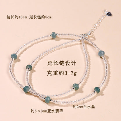 Natural White Crystal & Blue Water Jade Collarbone Necklace | Elegant Extension Chain for Women