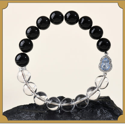 Natural Obsidian White Crystal Gourd Bracelet | Fortune Health Protection Spiritual Jewelry