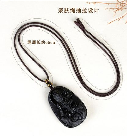 Natural Obsidian Zodiac Buddha Pendant with Eight Guardian Gods - Spiritual Protection Amulet