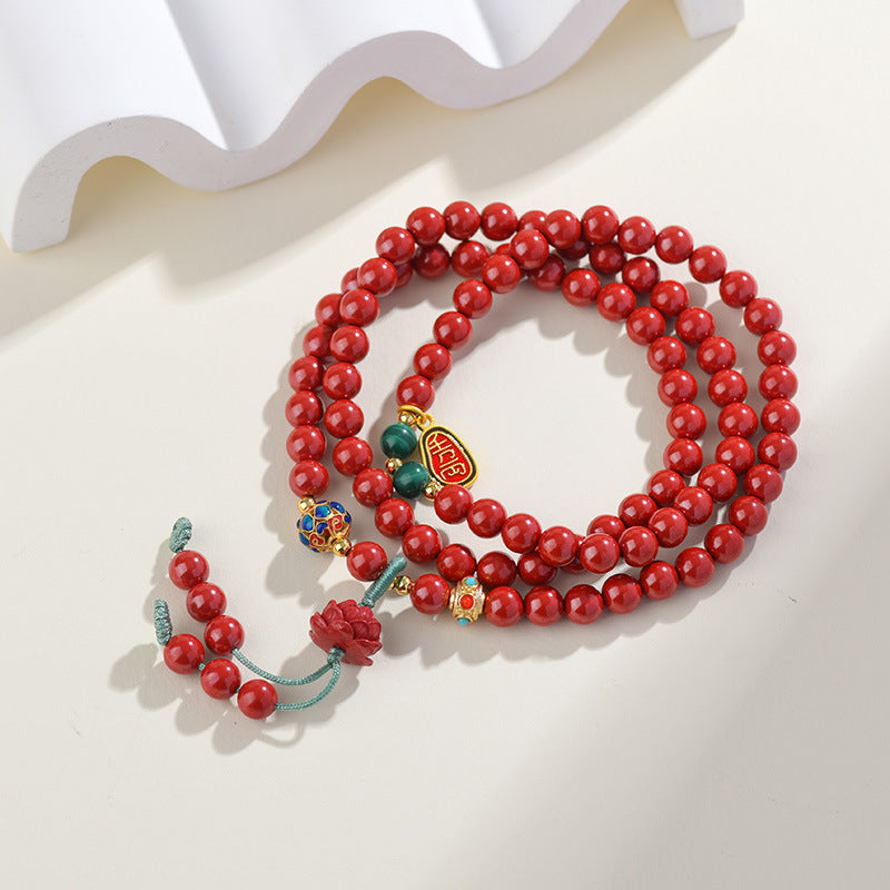 Natural High Content Cinnabar Three-Circle Bracelet with Red Lotus Bead for Women's Birth Year