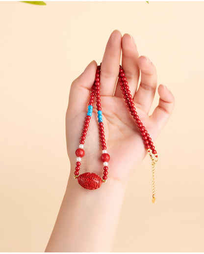 Imperial Red Natural Cinnabar Bead Necklace with Fu Character Drum Pendant - Women's Elegant Collarbone Chain
