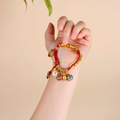 Gold Hammered Tibetan Wealth Bracelet with Five Emperors Money & Coiled Beast Family