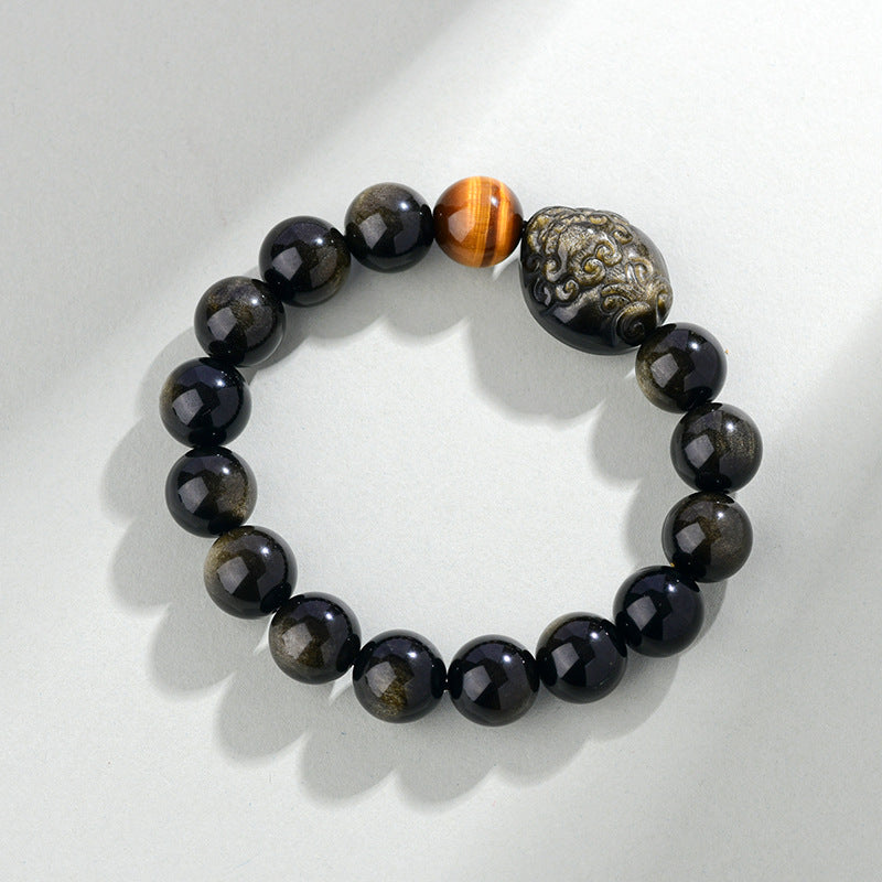 Natural Rainbow Eye Obsidian Pixiu Bracelet - Wealth and Protection Talisman for Couples