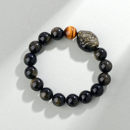 Natural Rainbow Eye Obsidian Pixiu Bracelet - Wealth and Protection Talisman for Couples