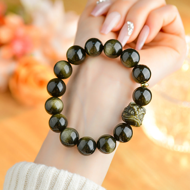 Golden Obsidian Double Color Eye Bracelet with Awakening Lion - Chinese Style Spiritual Protection Jewelry