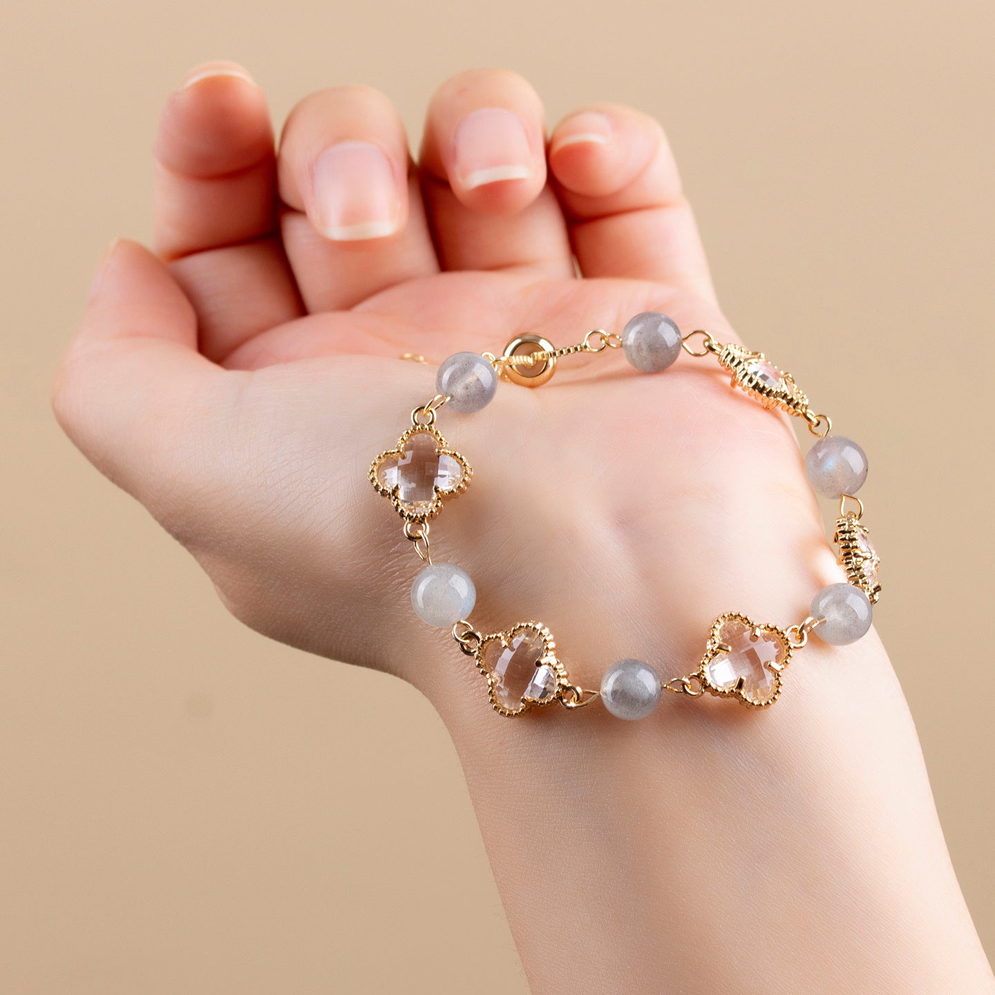 Natural Labradorite Four-Leaf Clover Bracelet | Lucky Charm & Spiritual Protection for Women