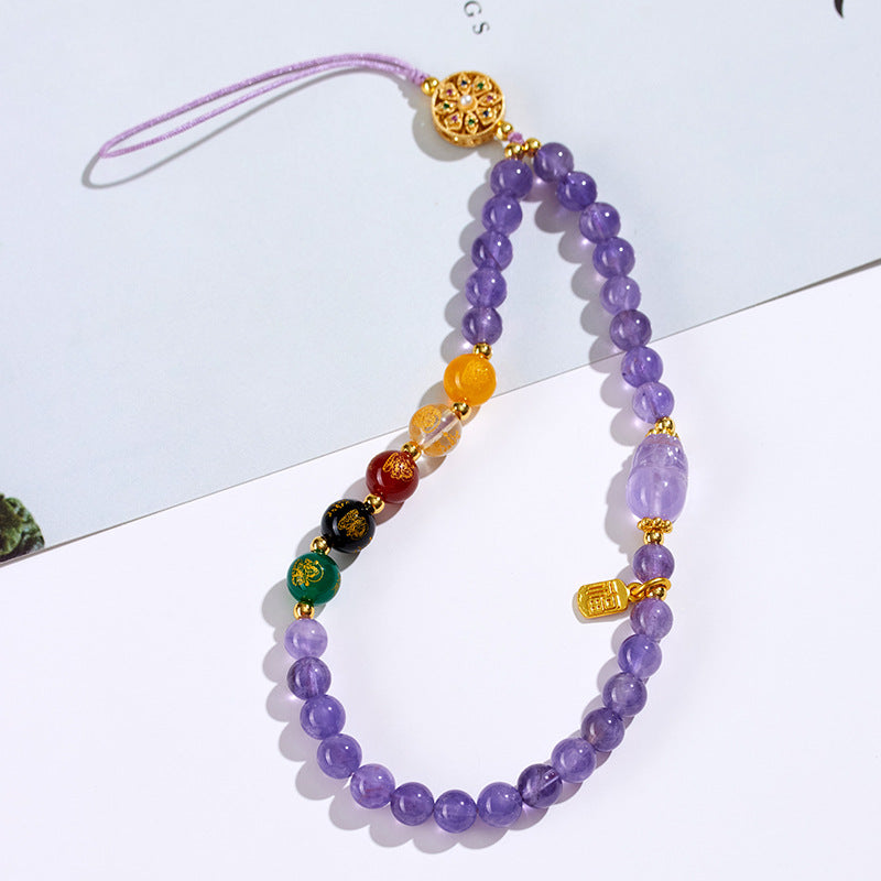 Natural Amethyst Pixiu Five-Directional Wealth God Phone Chain - Feng Shui Keychain for Prosperity
