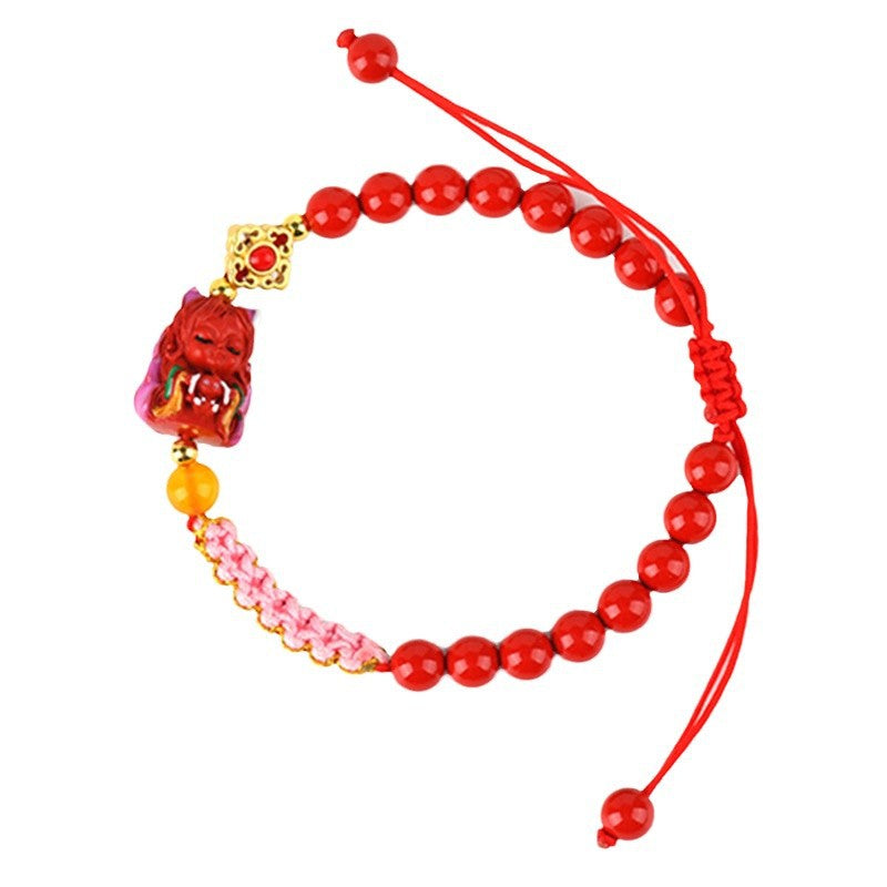 Natural Cinnabar Nine-Tailed Fox Peach Blossom Knot Bracelet - Mystical Protection and Love Charm