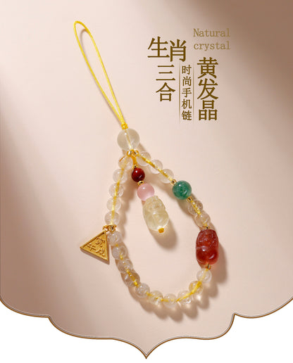 Twelve Zodiac Three-in-One Pixiu Phone Chain with Natural Yellow Rutilated Quartz Crystal Pendant