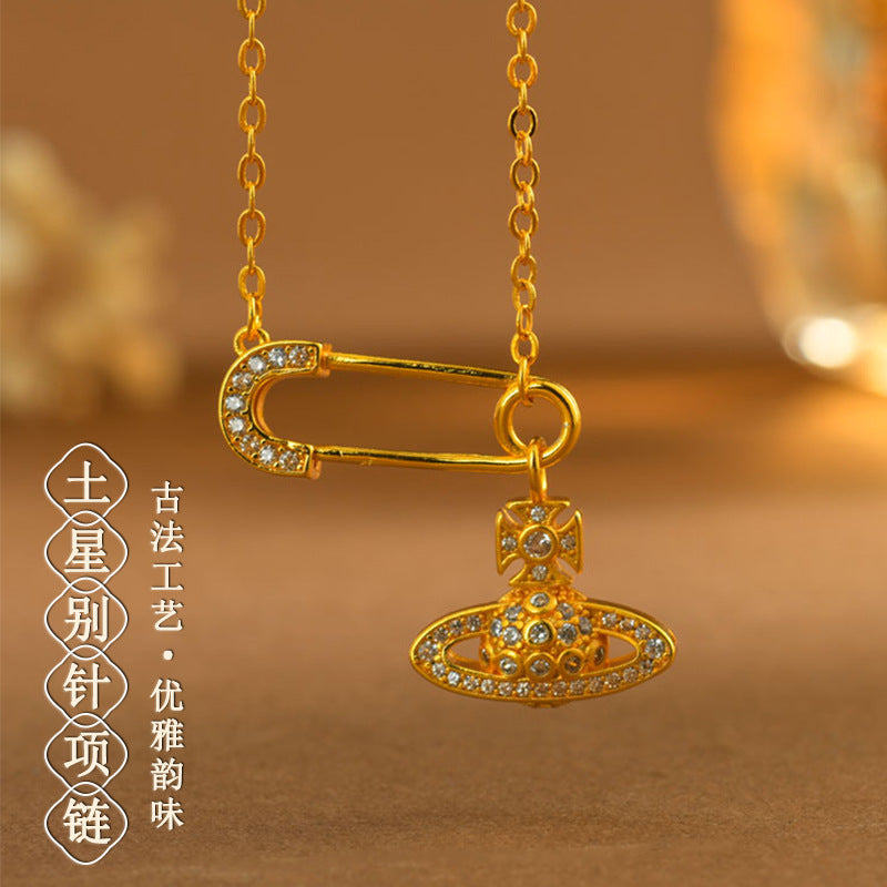 Golden Saturn Pin Necklace | 3D Planet Design Fashion Clavicle Chain