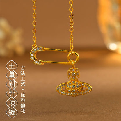 Golden Saturn Pin Necklace | 3D Planet Design Fashion Clavicle Chain