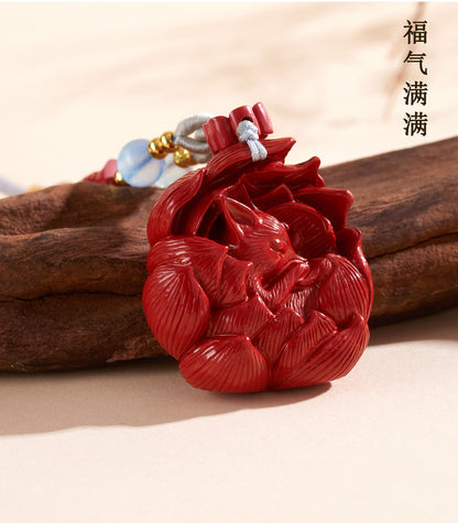 Imperial Red Cinnabar Nine-Tailed Fox Pendant Necklace - Chinese Mystique Women's Spiritual Accessory