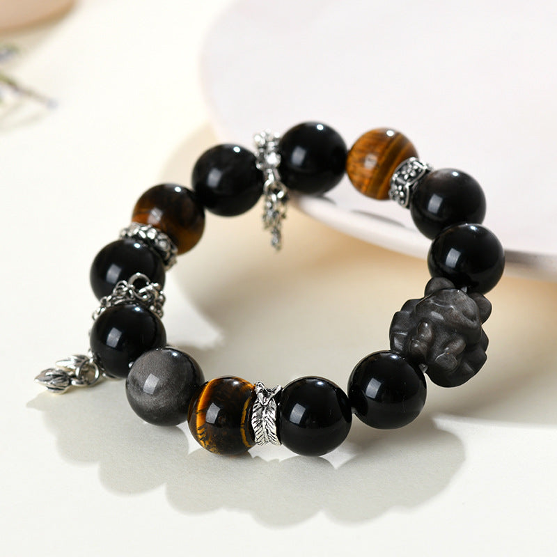 Natural Yellow Tiger Eye Silver Obsidian Nine-Tailed Fox Bracelet | Wisdom Charm Protection Couple Amulet
