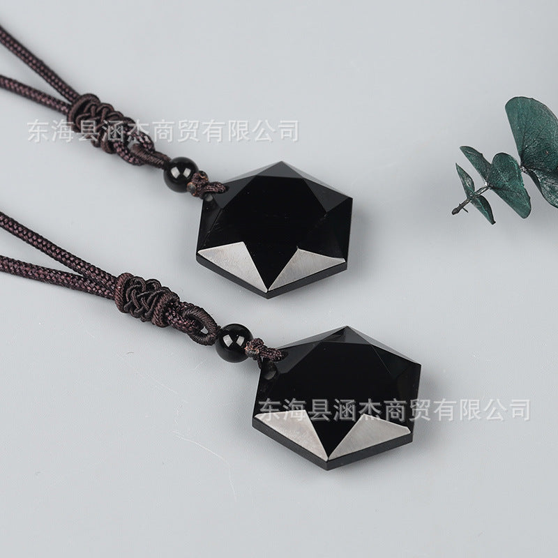 Natural Obsidian Hexagram Pendant - Spiritual Protection Amulet for Men & Women