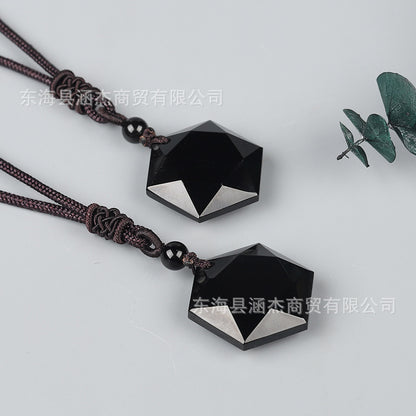 Natural Obsidian Hexagram Pendant - Spiritual Protection Amulet for Men & Women