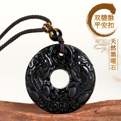 Natural Black Ice Obsidian Double Pixiu Pendant Necklace - Wealth & Protection Talisman