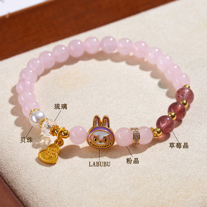 Natural Rose Strawberry Quartz LABUBU Charm Bracelet for Love and Harmony