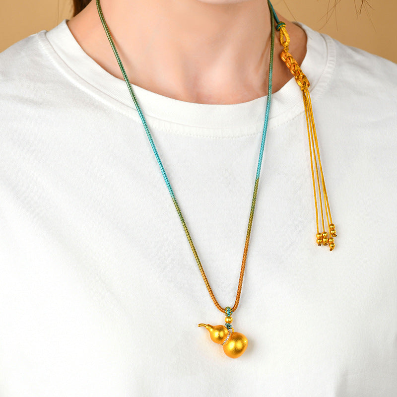 Golden Gourd Pendant Necklace | Chinese Fortune Amulet for Wealth and Protection