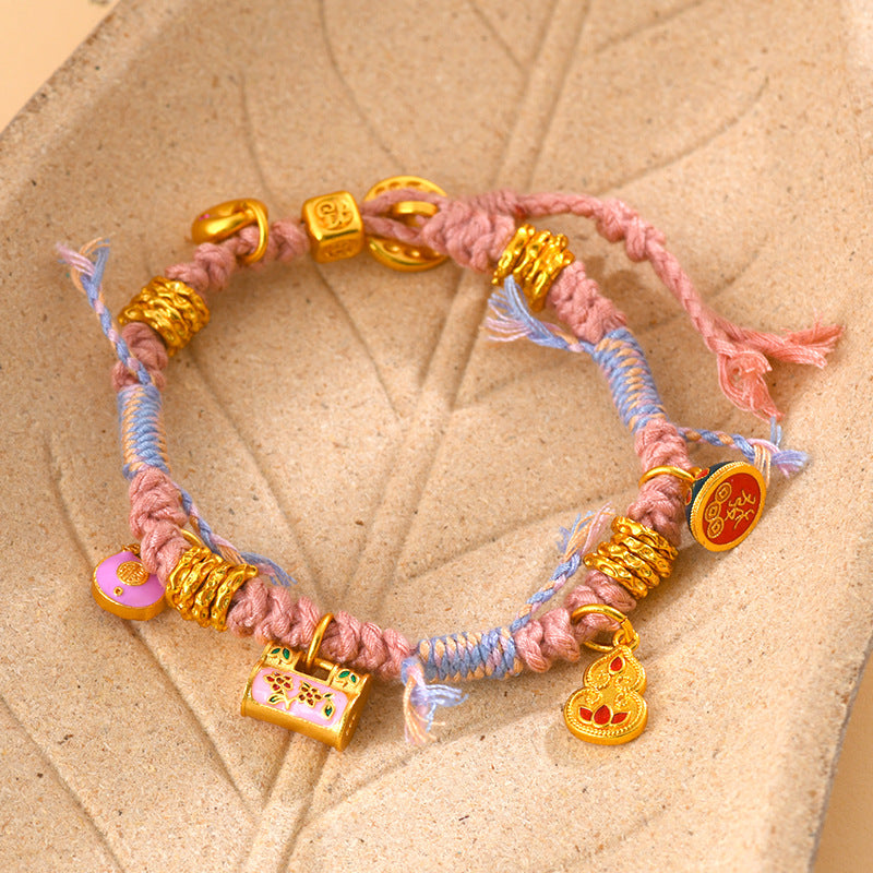 Golden Multi-Treasure Longevity Lock Tibetan Braided Bracelet - DIY Coiled Rope for Wealth and Health