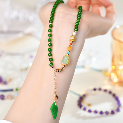 Green Chalcedony Gourd Pendant Necklace | Chinese Retro Style Fortune & Protection Amulet