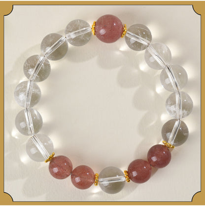 Natural Crystal Energy Bracelet with White Crystal, Obsidian, Strawberry Quartz, and Aquamarine | Spiritual Harmony & Protection