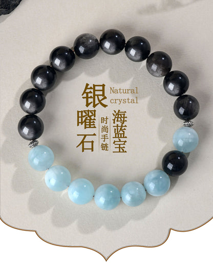 Elegant Silver Obsidian and Aquamarine Bracelet | Protection and Serenity for Women