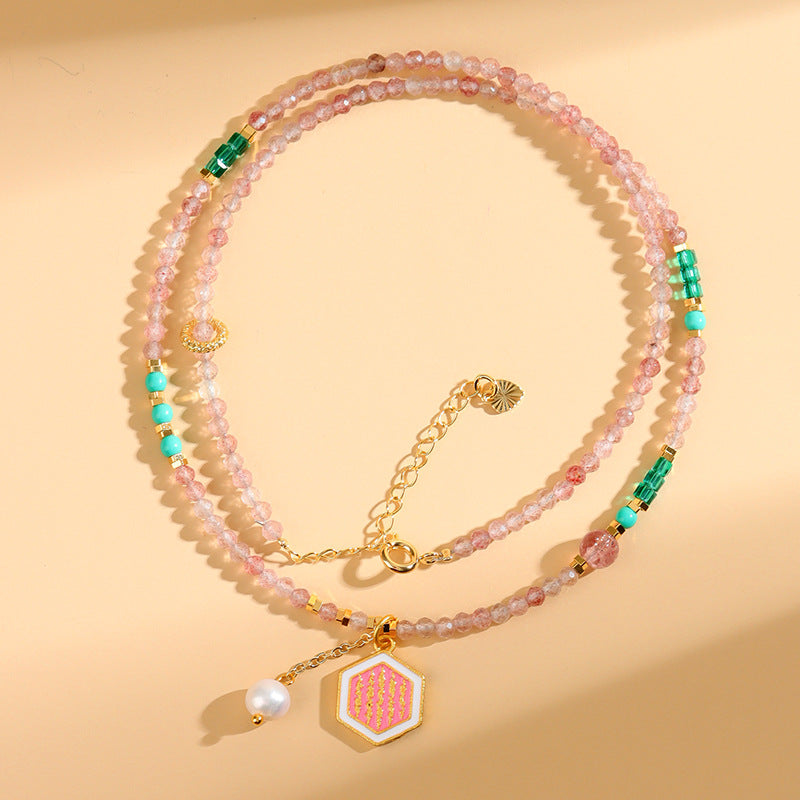 Natural Strawberry Crystal Faceted Necklace | Elegant Light Luxury Collarbone Choker for Love & Luck