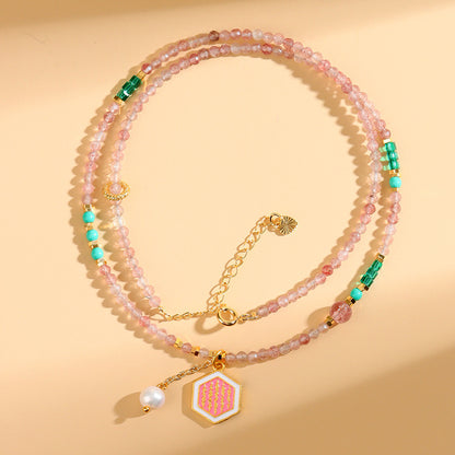 Natural Strawberry Crystal Faceted Necklace | Elegant Light Luxury Collarbone Choker for Love & Luck