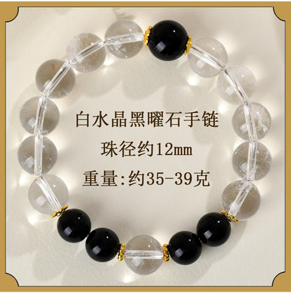 Natural Crystal Energy Bracelet with White Crystal, Obsidian, Strawberry Quartz, and Aquamarine | Spiritual Harmony & Protection