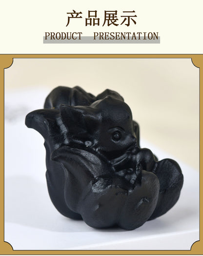 Natural Obsidian Carved Nine-Tailed Fox Ornament - Mystical Desk Decor for Wisdom & Protection