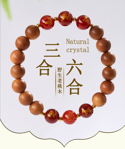 Peach Wood Three-in-One Six-in-One Zodiac Buddha Bracelet - Couples Harmony Protection Amulet